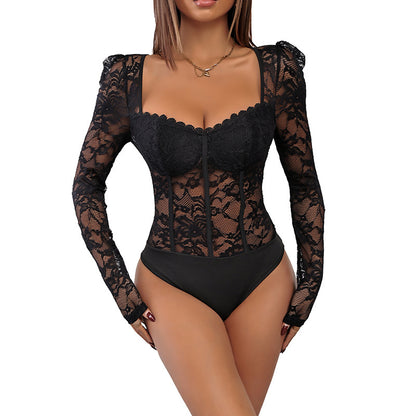 Lace Stitching Square Collar Black Jumpsuit ShopWithASmile7.com