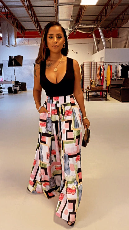 Printed Letter Wide-leg Loose Mid Waist Casual Women's Fashionable All-match Slimming Pants