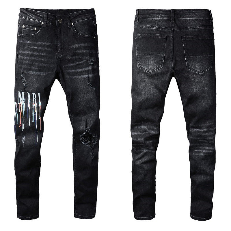 Dazzling Color Letters Black Men's Jeans ShopWithASmile.com