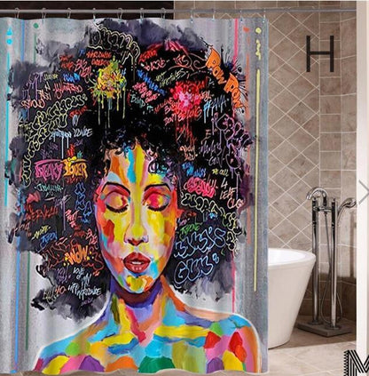Art Design Graffiti Art Hip Hop African Girl with Black Hair Big Earring with Modern Building Shower Curtain for Bathroom Decor ShopWithASmile7.com