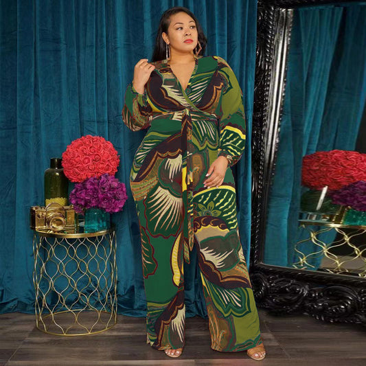 Women's Fashion Deep V-neck Loose Fitting Jumpsuit With Belt