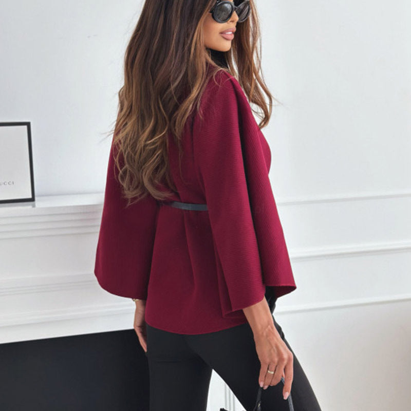 New Stand Collar Batwing Sleeves Cloak Top With Belt Ins Fashion Temperament Jacket Woolen Sweater Outwear For Women Clothing My Store