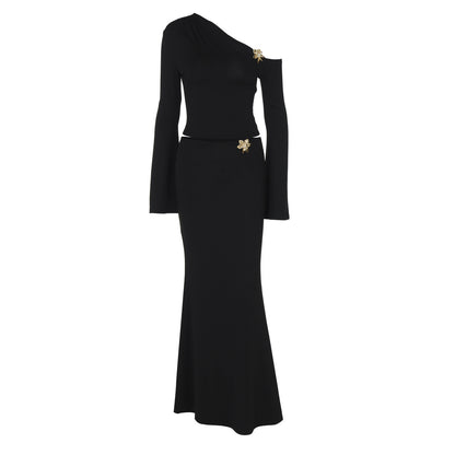 Sexy Slim Oblique Shoulder Skirt Suit With Flower Fashion Bell Sleeve Long Sleeve Top And High Waist Long Skirt Women Clothing ShopWithASmile7.com