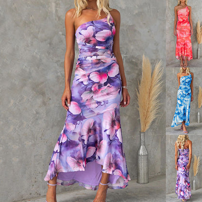 Flowers Print One-shoulder Dress Summer INS Casual Suspender Long Dresses Womens Clothing ShopWithASmile7.com