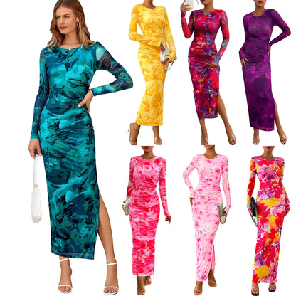 Printed Tight Pleated Slim Fit Dress ShopWithASmile7.com