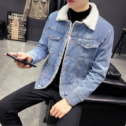 Plush Thick Denim Jacket Male Lamb Wool Denim Cotton Jacket Plus Size