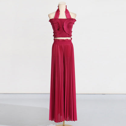 Design Tube Top High Waist Pleated Wide-leg Trousers