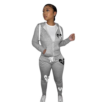 Zipper Printed Casual Hooded Sweater Set