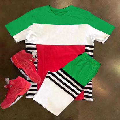 Men's Short Sleeve Sports Casual Fashion Striped Colorblock Suit