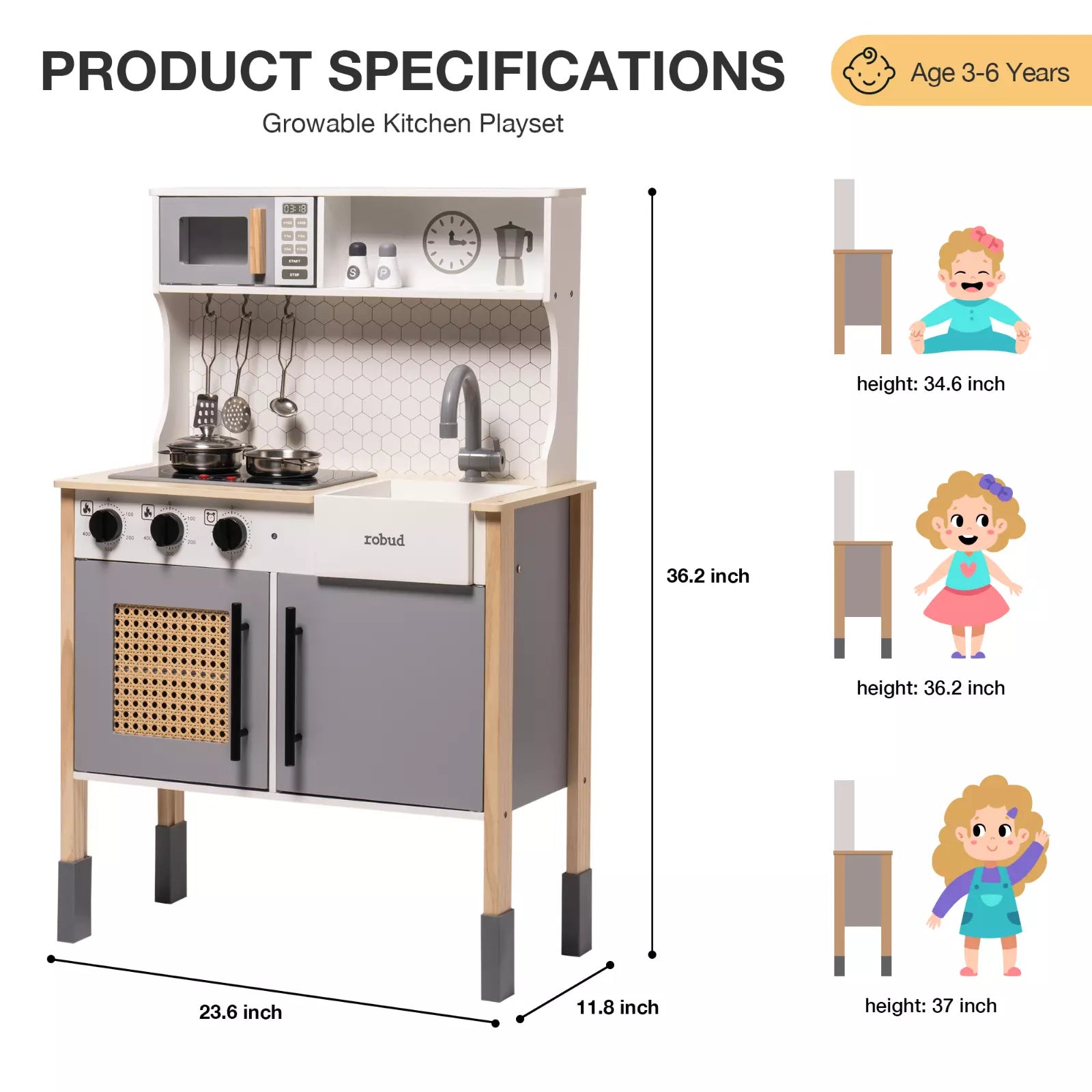 ROBOTIME DIY Pretend Play Kitchen Cooking Toy Set Gift For Boys And Girls Gray ShopWithASmile7.com