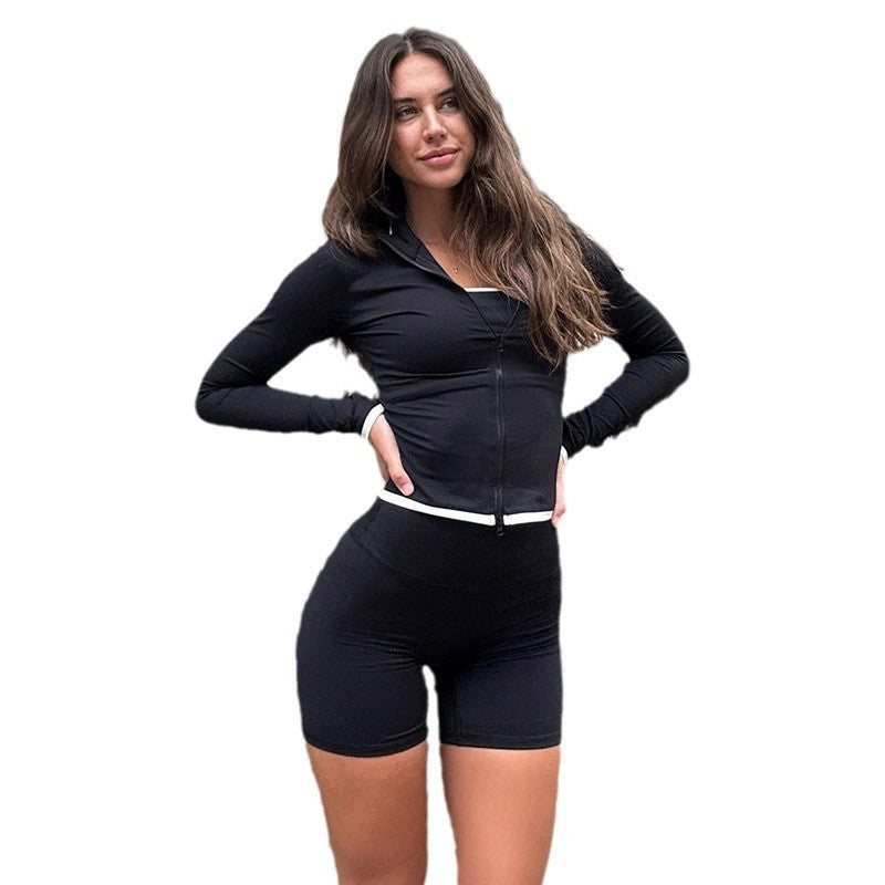 American Street Workout Clothes Suit Zipper Cardigan Long Sleeve Top Suspender Shorts ShopWithASmile.com