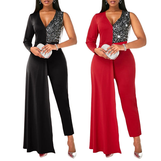 V-neck Sequin Covered Hip Plus Size Jumpsuit ShopWithASmile7.com