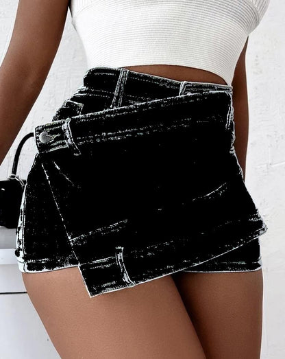 Y2K Street Vintage Denim Shorts Stretch Overlap Waist Wrap Solid Asymmetrical Hem A-Line Skinny Mini Skorts Skirt ShopWithASmile7.com