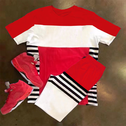 Men's Short Sleeve Sports Casual Fashion Striped Colorblock Suit