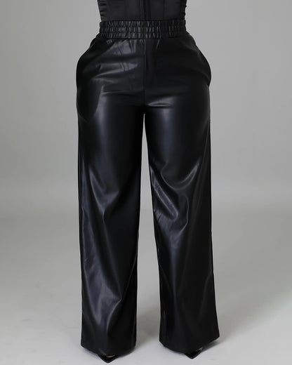 Women's Fashion Solid Color Loose Wide Leg Pocket PU Leather Pants