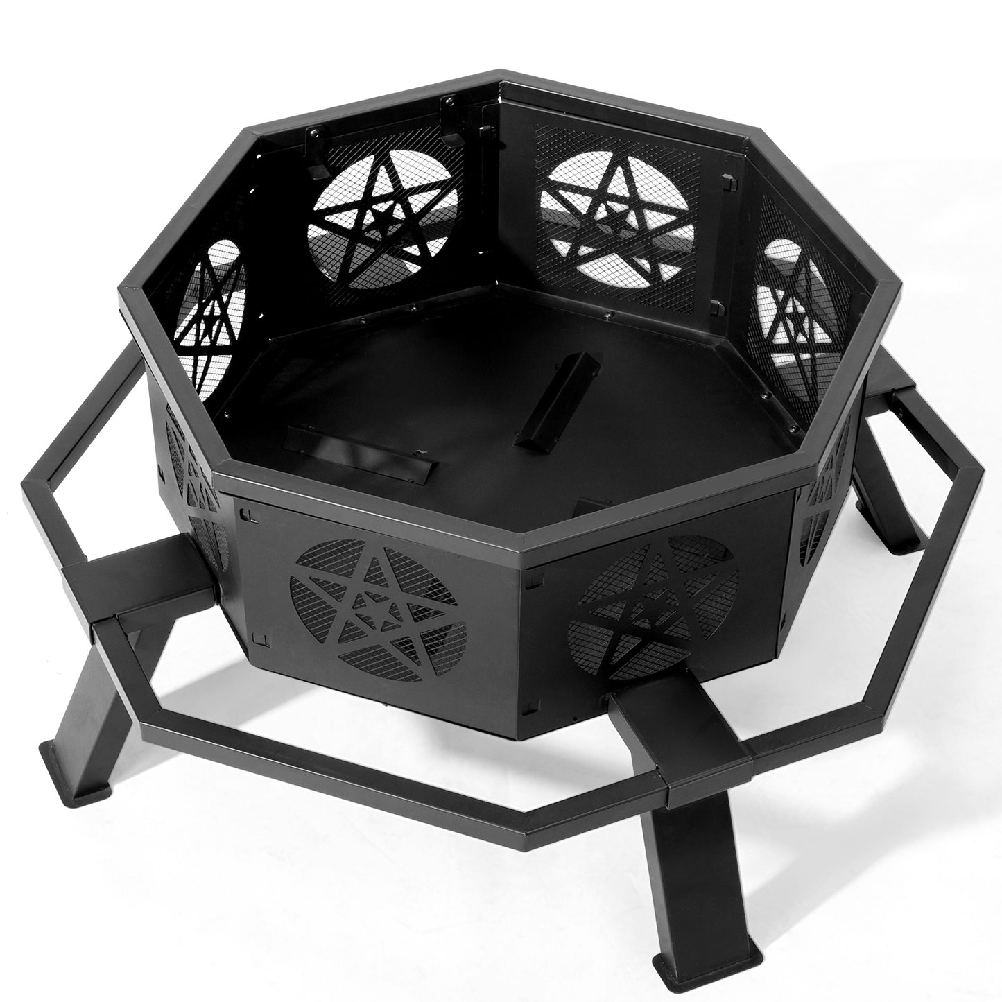 Large 35” Octagonal Fire Pit – Black Wrought Iron, Pentagram Cutouts, Foot Pedal Safety Ring