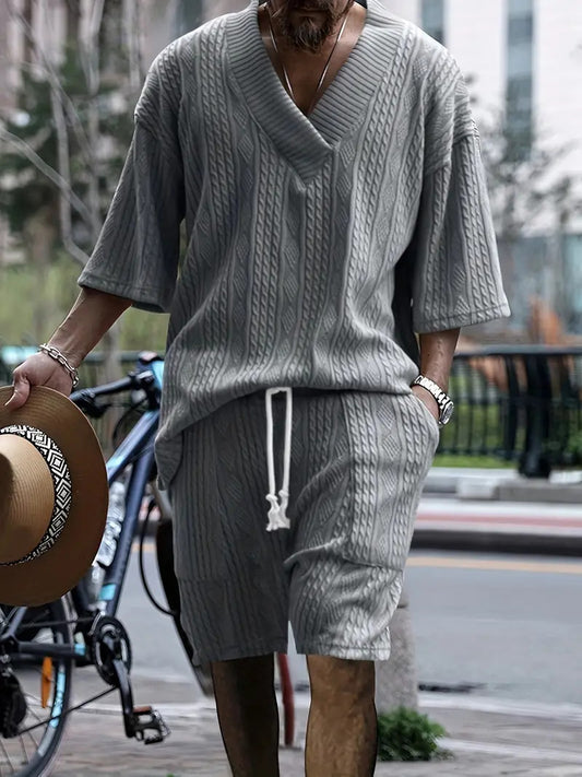 2pcs Men's Jacquard Solid Short Sleeve V Neck Shirt & Matching Drawstring Shorts Set, Summer Leisure Clothing ShopWithASmile7.com