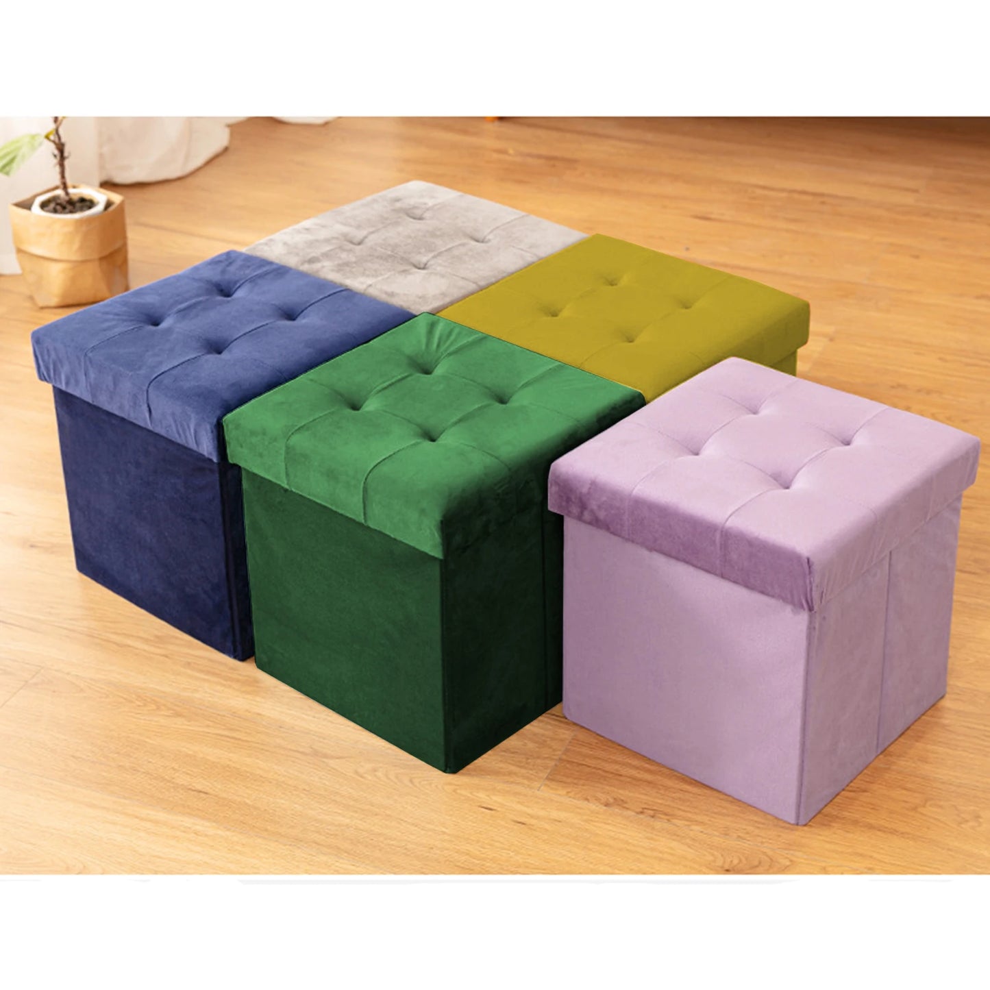 Greatoyar Puff Folding Storage Stool, Ottoman Bench Seat, Small Folding Tables, Toy Storage Box, Auxiliary Furniture, Bedroom Low Table, Velvet, 38X38X38 Cm, Blue/Gray/Black/Pink