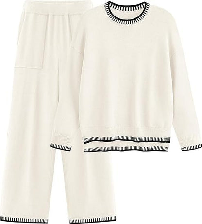 Sweater Knit Casual Long Sleeve Pullover Wide Leg Pants Suit