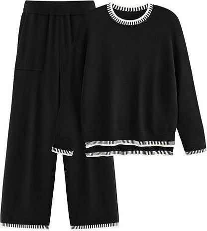 Sweater Knit Casual Long Sleeve Pullover Wide Leg Pants Suit
