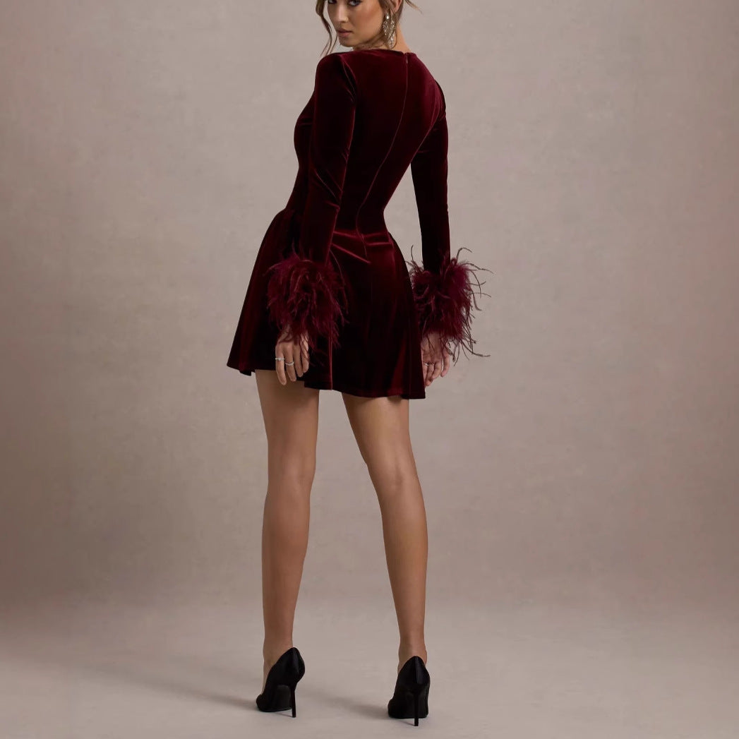 Autumn And Winter A- Line Waist Fitted Furry Long Sleeve V-neck Short Dress ShopWithASmile.com