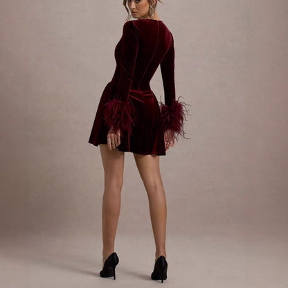 Autumn And Winter A- Line Waist Fitted Furry Long Sleeve V-neck Short Dress ShopWithASmile.com