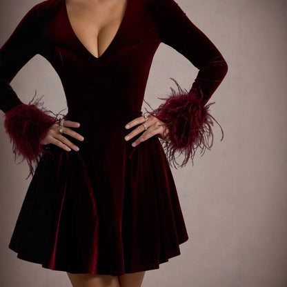 Autumn And Winter A- Line Waist Fitted Furry Long Sleeve V-neck Short Dress ShopWithASmile.com