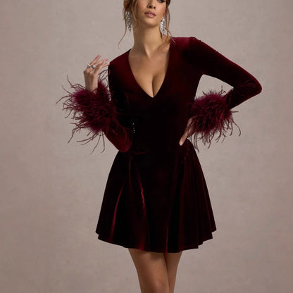Autumn And Winter A- Line Waist Fitted Furry Long Sleeve V-neck Short Dress ShopWithASmile.com