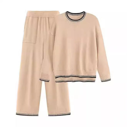 Sweater Knit Casual Long Sleeve Pullover Wide Leg Pants Suit
