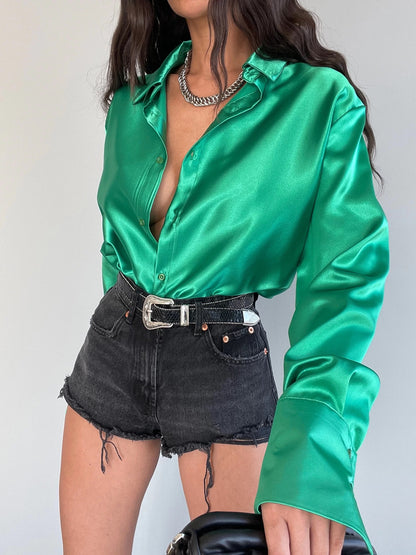 Single-breasted Long Sleeve Lapel Shirt Sexy Women Clothing ShopWithASmile7.com