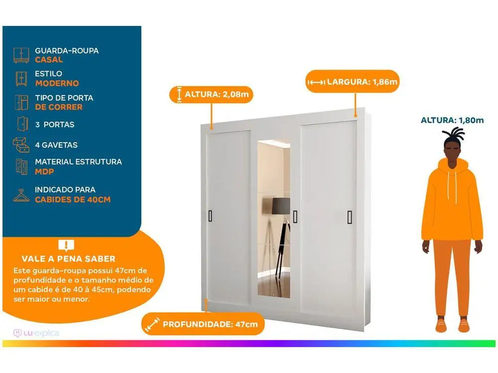 Araplac Melissa Glass Wardrobe Couple with Mirror 3 Sliding Doors