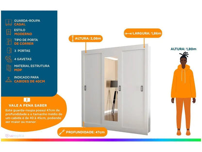 Araplac Melissa Glass Wardrobe Couple with Mirror 3 Sliding Doors