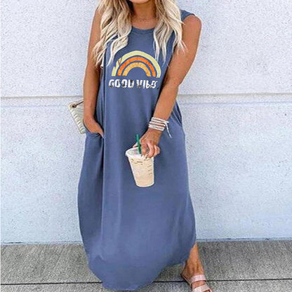 Women's Round Neck Short Sleeve Loose Mid Length Dress