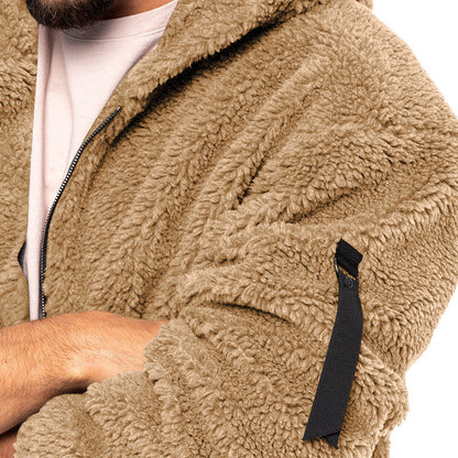 Plush Hooded Jacket Men's Autumn And Winter Fleece Double-sided Wear Warm Coat With Zipper Loose Casual Jacket Outdoor Clothing ShopWithASmile7.com