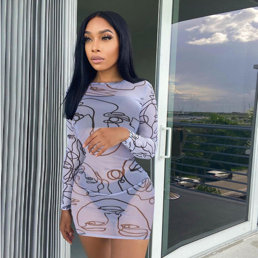 Women's Round Neck Long Sleeve Art Graffiti Slim Dress