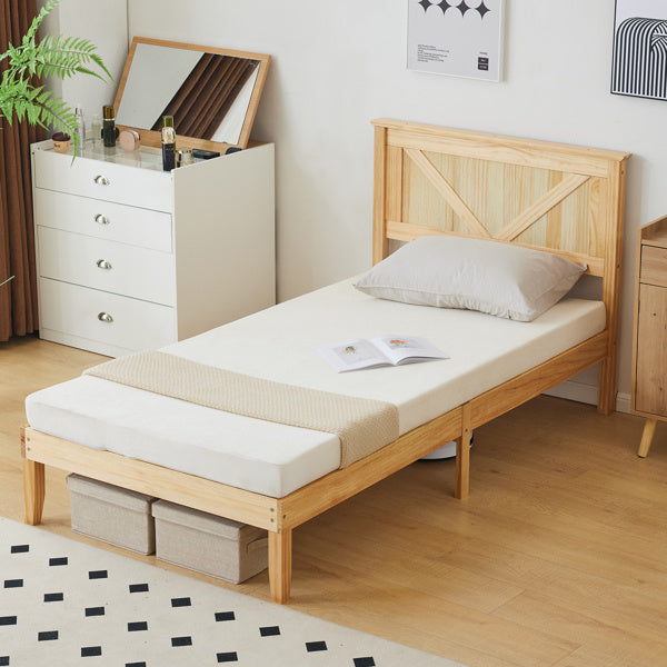 Slanted Headboard, No Footrest, Twin Wooden Bed In Natural Wood Color