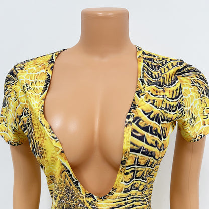 Sexy Deep V Short Sleeve Printed Hip Dress