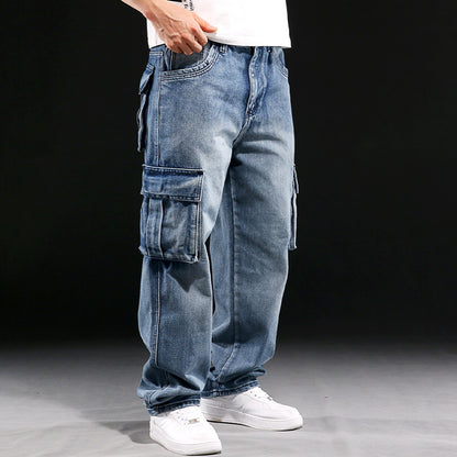 American Multi-pocket Workwear Jeans Men's Wide Leg Loose Plus Size ShopWithASmile.com