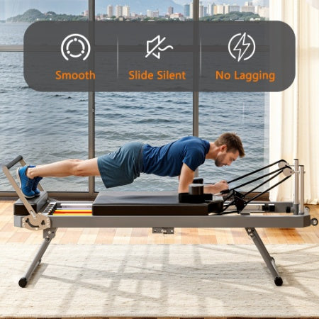 Extra Large Pilates Reformer - Multi-functional Home Fitness Equipment, 395lbs Capacity, With Dynamic Resistance Cords And Aerobic Rebounder, Improves Posture, Builds Strength, Reduces Stress, Black