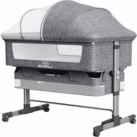 3-in-1 Bedside Crib With Mosquito Net, Large Storage Bag, Comfortable Mattress With Lockable Wheels, Grey ShopWithASmile7.com