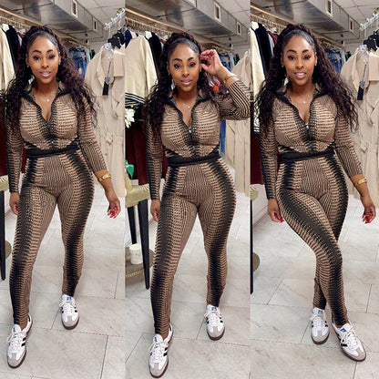 Fashion Long Sleeve Striped Printed High Waist Suit Women