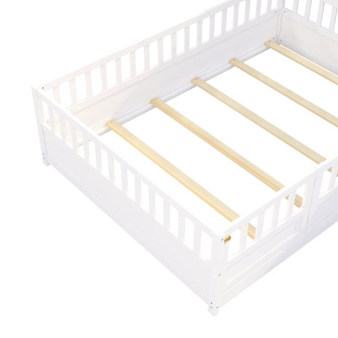 Full Size Floor Bed, Integral Construction With Super High Security Barrier, Door, Children's Floor Bed Frame, Montessori Wooden Children's Floor Bed, Support Slat White