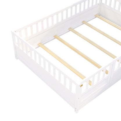 Full Size Floor Bed, Integral Construction With Super High Security Barrier, Door, Children's Floor Bed Frame, Montessori Wooden Children's Floor Bed, Support Slat White