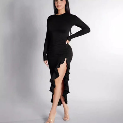 Chic Black Mid-Length Ruffled Dress with Long Sleeves and Frill Detail ShopWithASmile.com