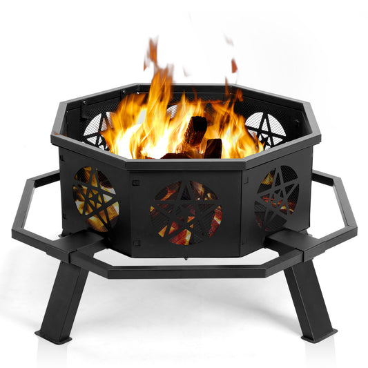 Large 35” Octagonal Fire Pit – Black Wrought Iron, Pentagram Cutouts, Foot Pedal Safety Ring