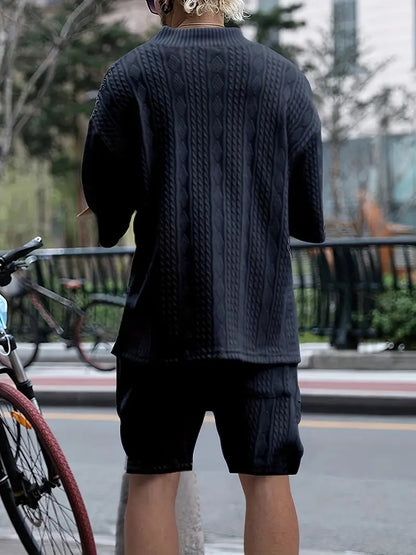 2pcs Men's Jacquard Solid Short Sleeve V Neck Shirt & Matching Drawstring Shorts Set, Summer Leisure Clothing ShopWithASmile7.com
