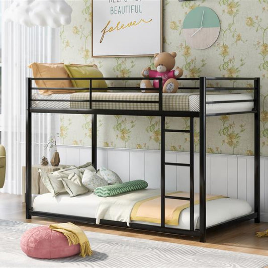Metal Bunk Bed, Low Bunk Bed With Ladder, Black