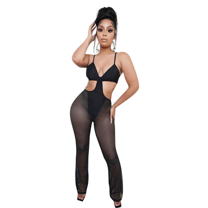 Sexy Mesh See-Through Suspenders Flared Pants