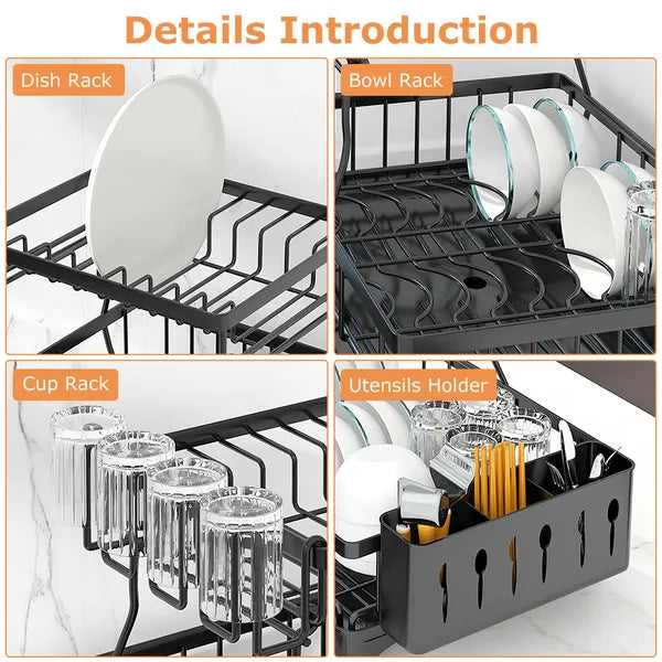 Dish Drying Rack With Drainboard Detachable 2-Tier Dish Rack Drainer Organizer Set With Utensil Holder Cup Rack Swivel Spout For Kitchen Counter