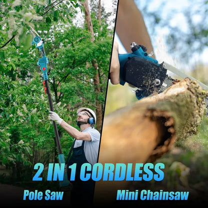 2-IN-1 Cordless Pole Saw And Mini Chainsaw With Extension Pole 21V Battery 8' Electric Brushless Pole Chainsaw With Auto Oiler Safety Switch 6.4LBS Lightweight For Tree Trimming